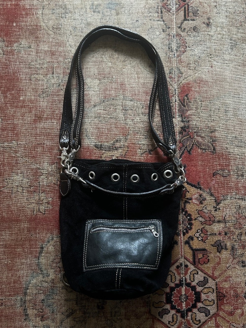 Vintage Black Suede & leather Convertible Bucket Bag